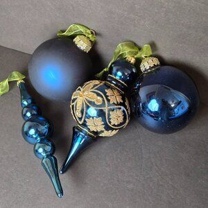 Frontgate Blue Glass Ornament Set of 4 Handblown Finial & Ball Ornaments Holiday